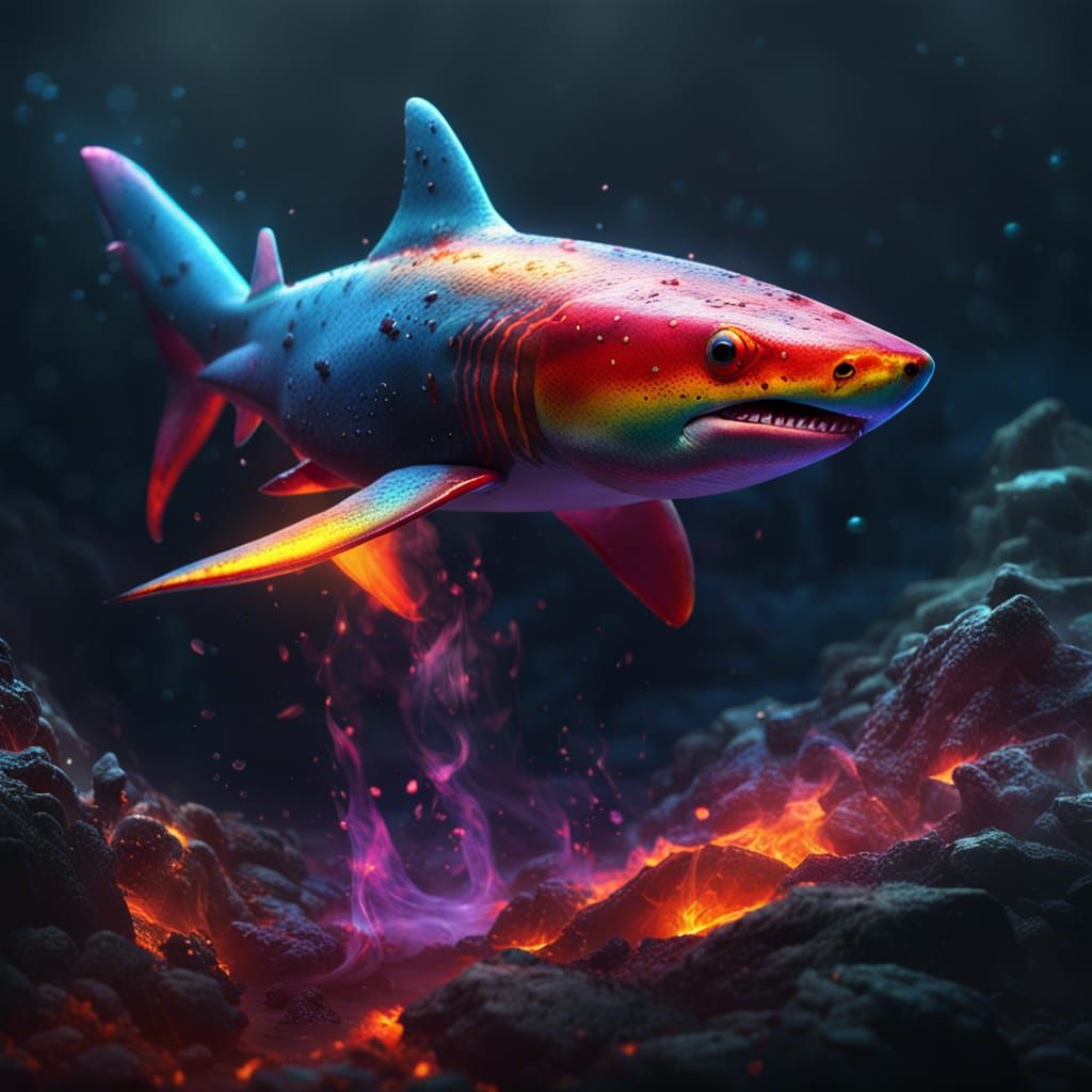 Rainbow Shark Between Fire and Ice, Dark Fantasy Art