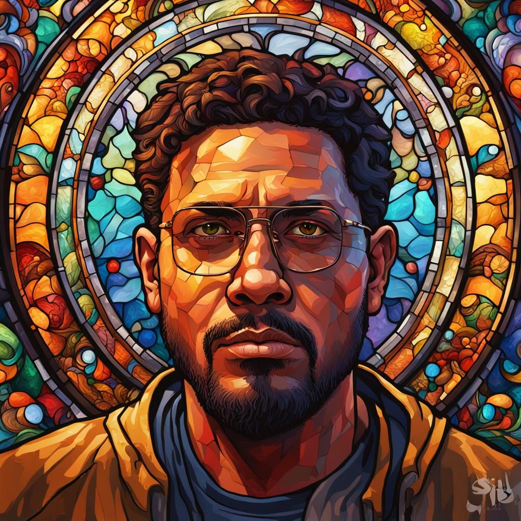El Sid Portrait with Stained Glass, Hyperrealistic Art