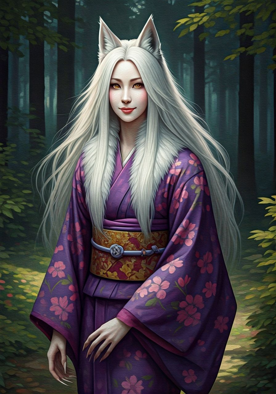 Japanese Wolf Woman in Forest, Oil Painting