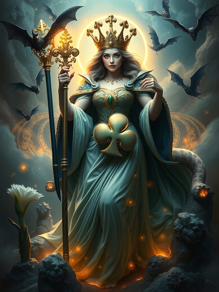 Queen of Clubs in Vibrant Earth-Toned Aesthetic