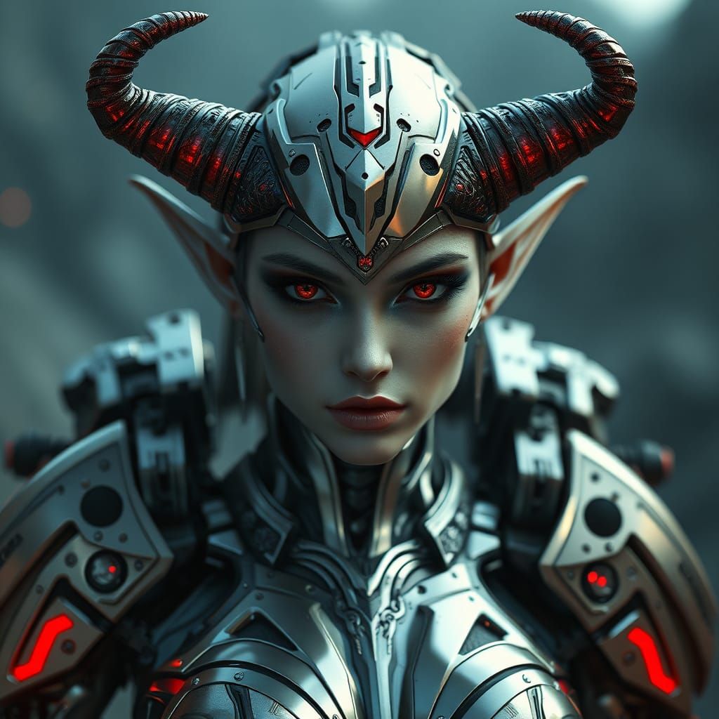 Futuristic Elf with Horns and Cybernetic Details