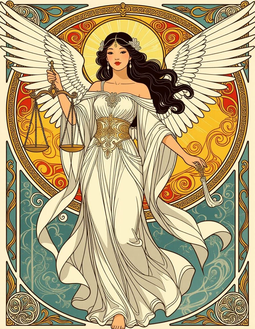 Asian Angel of Justice in Art Nouveau Style