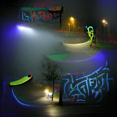 Neon Graffiti Skatepark at Night in Fog