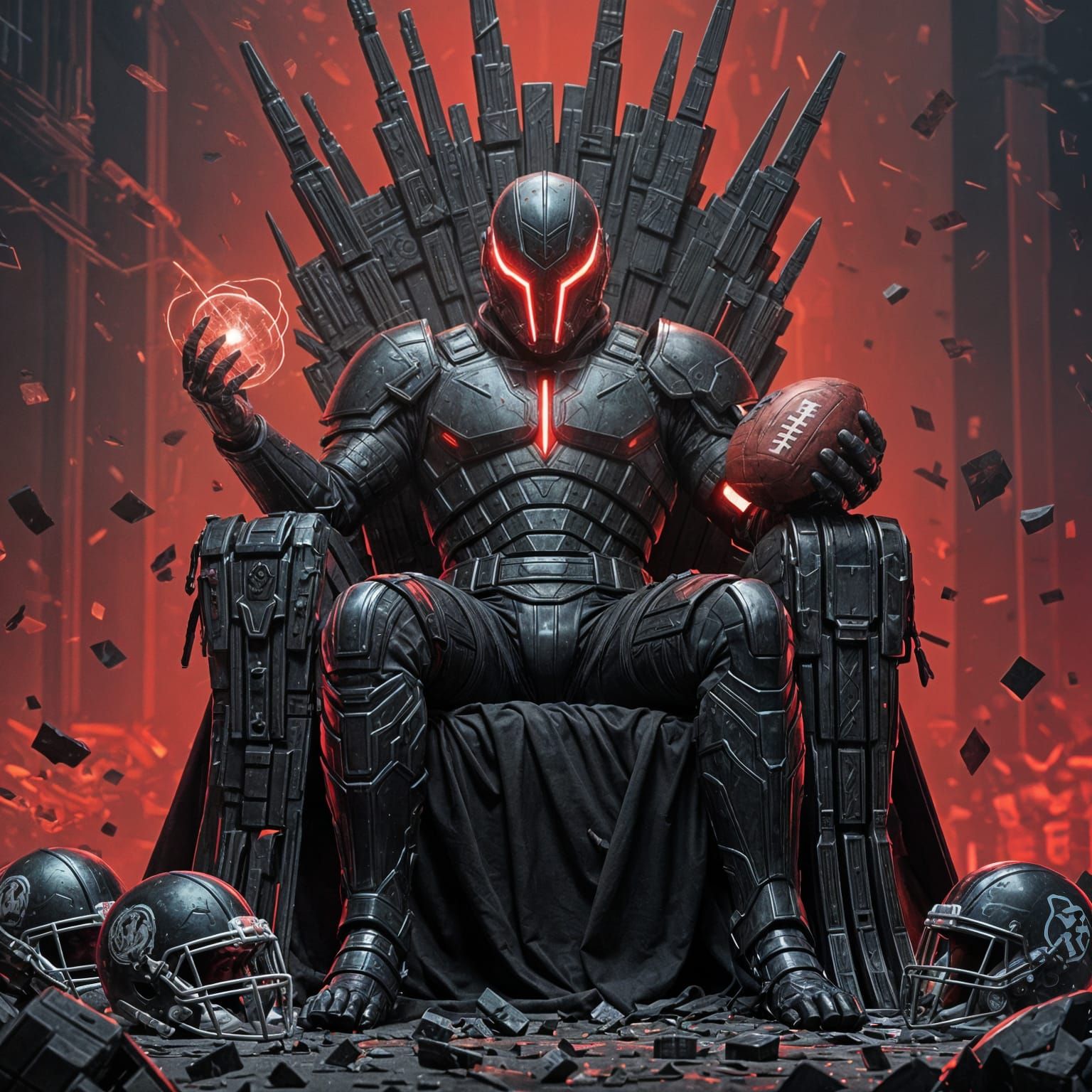 Dark Armored Villain on Throne of Football Helmets