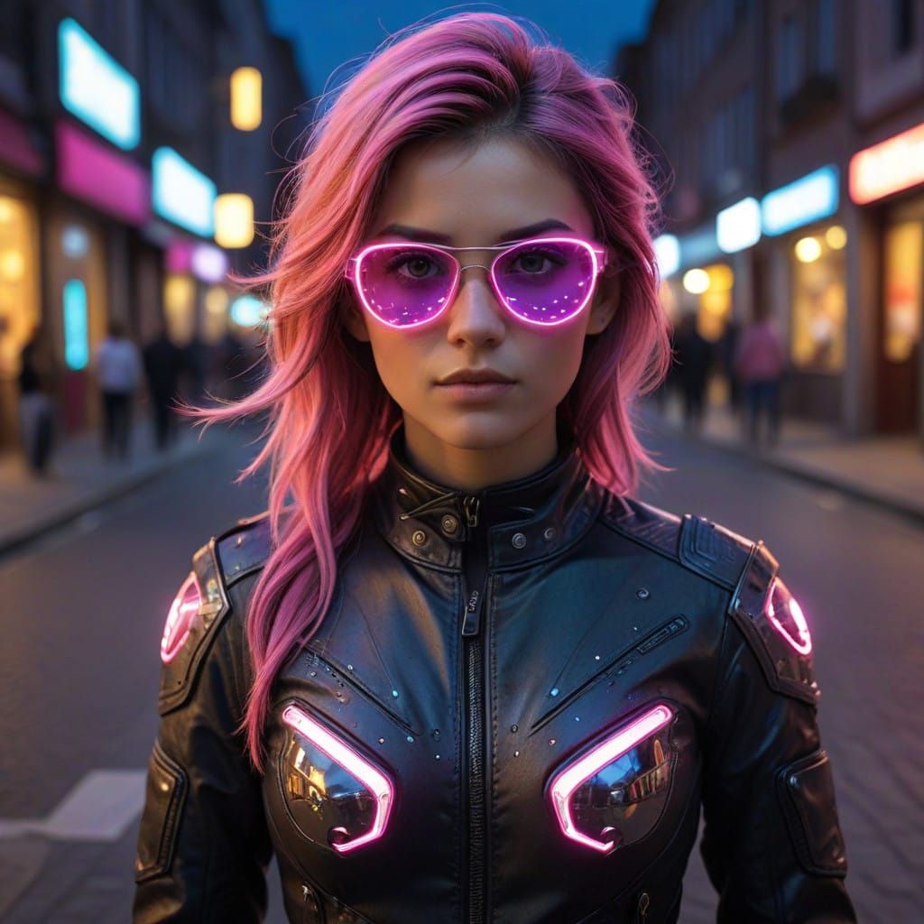 Cyberpunk Woman in Pink Hair Fires Gun from Futuristic Motor...