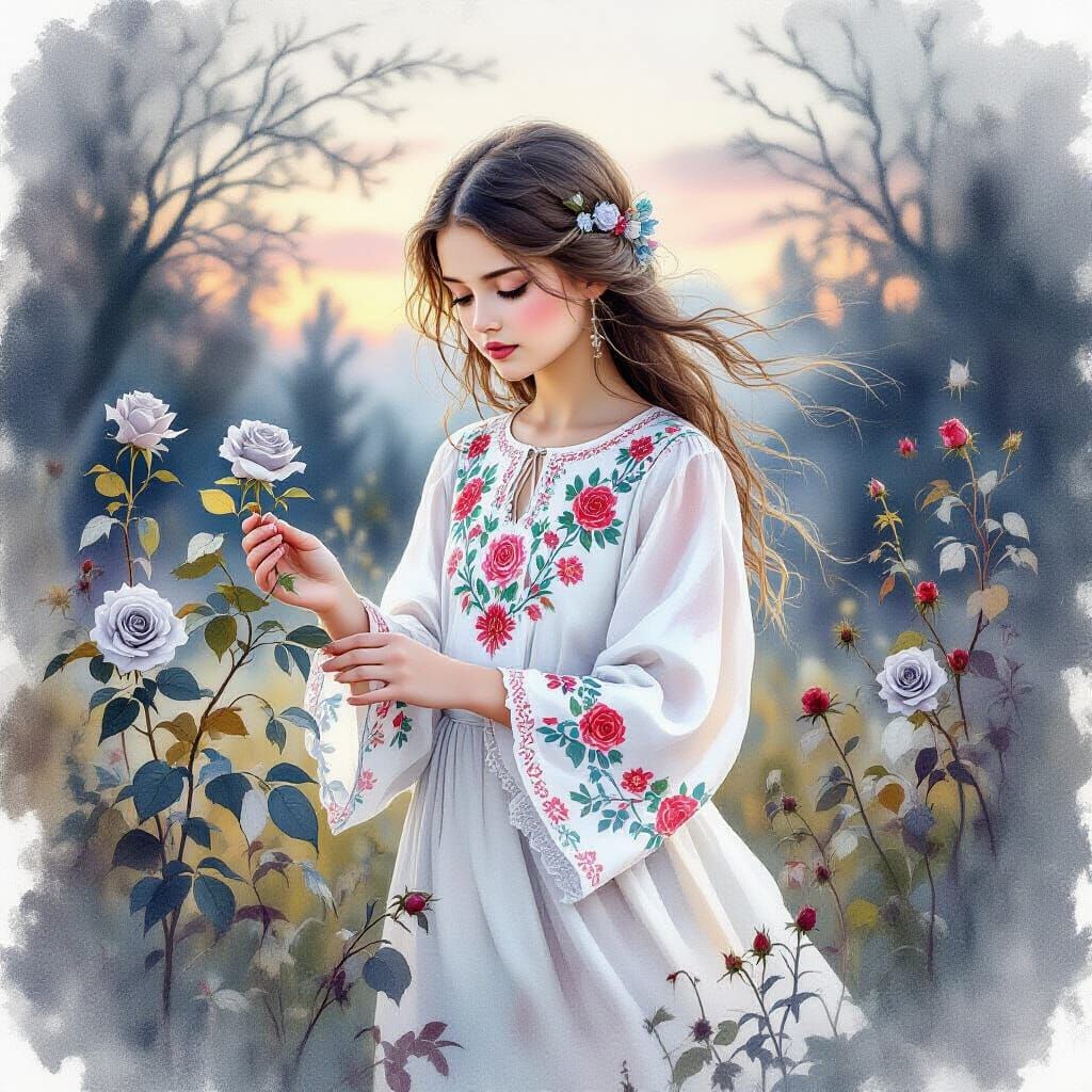 Ukrainian Girl in Withered Garden: Watercolor Illustration