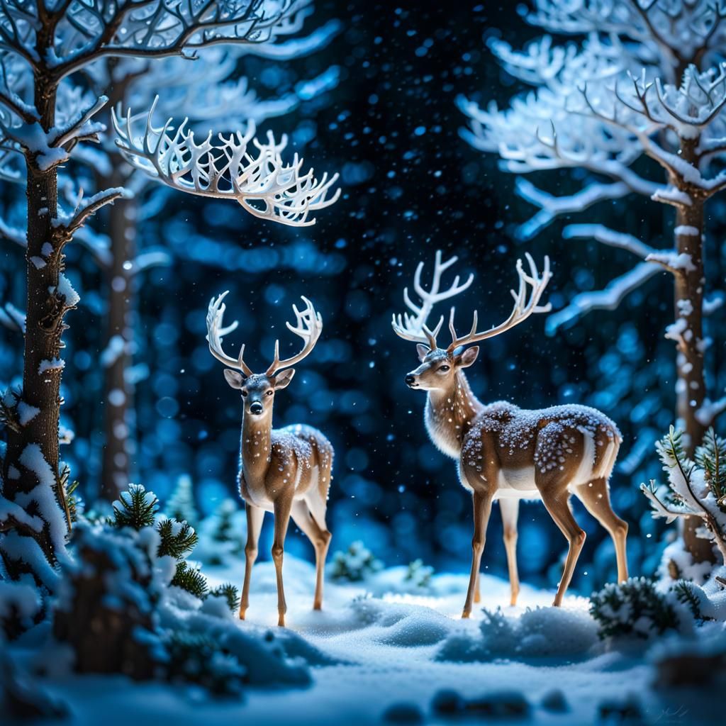 Crystal Deer Miniature Scene in Winter Forest