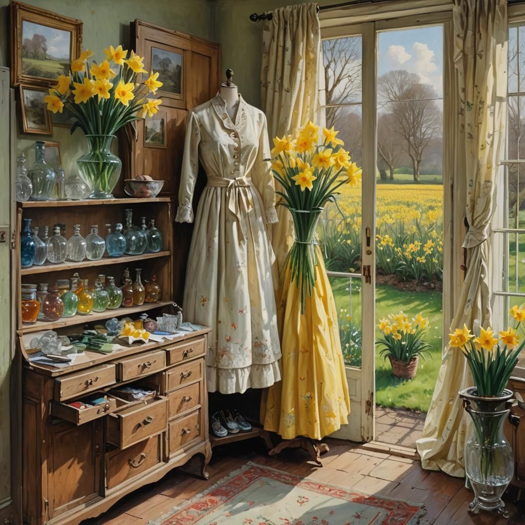 Vintage Wardrobe with Daffodils, Oil Painting