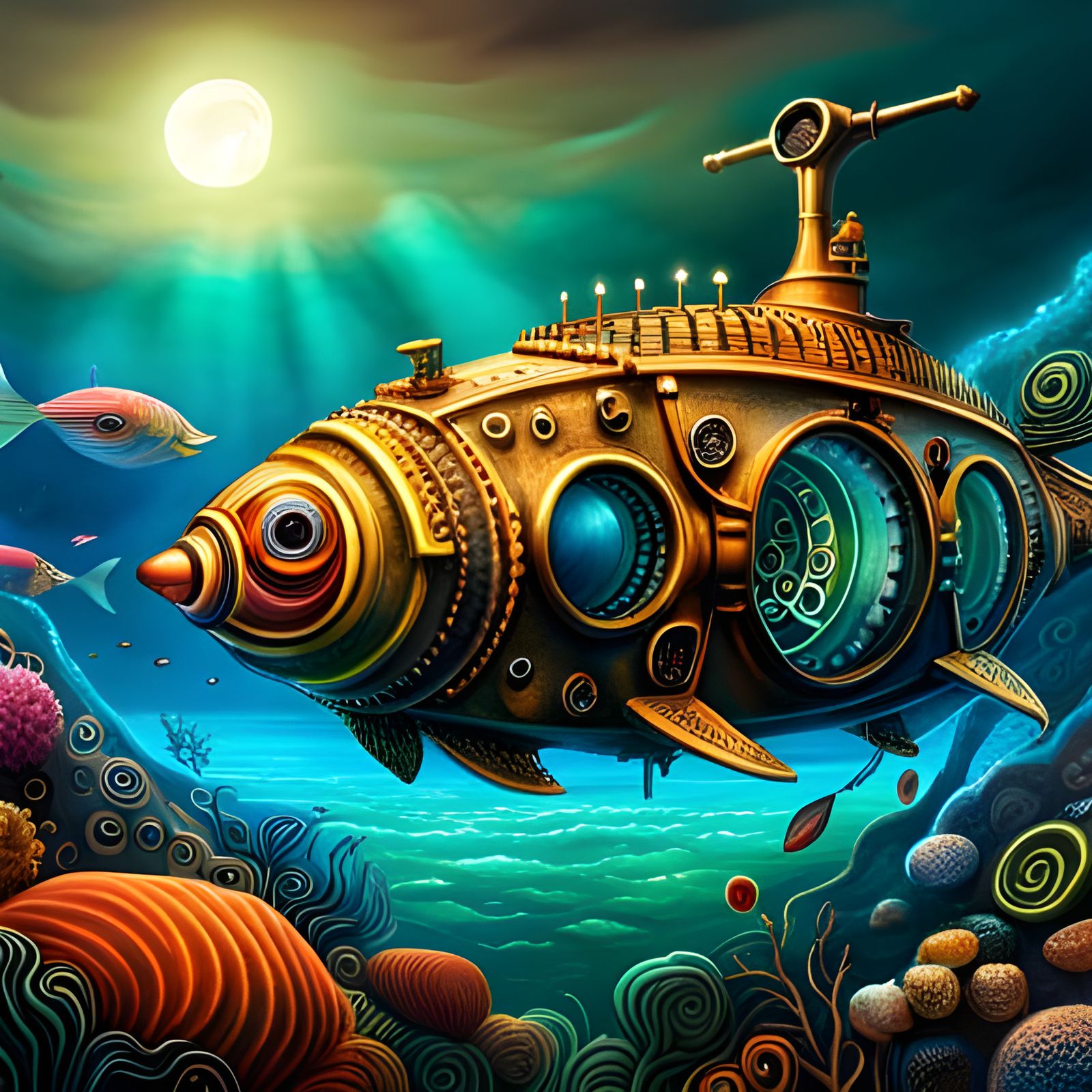 Whimsical Mechanical Fish Submarine in Enchanted Ocean