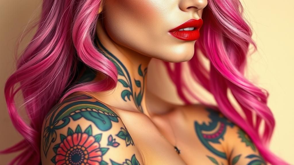 Tattooed Woman with Pink Hair in Vibrant Realism