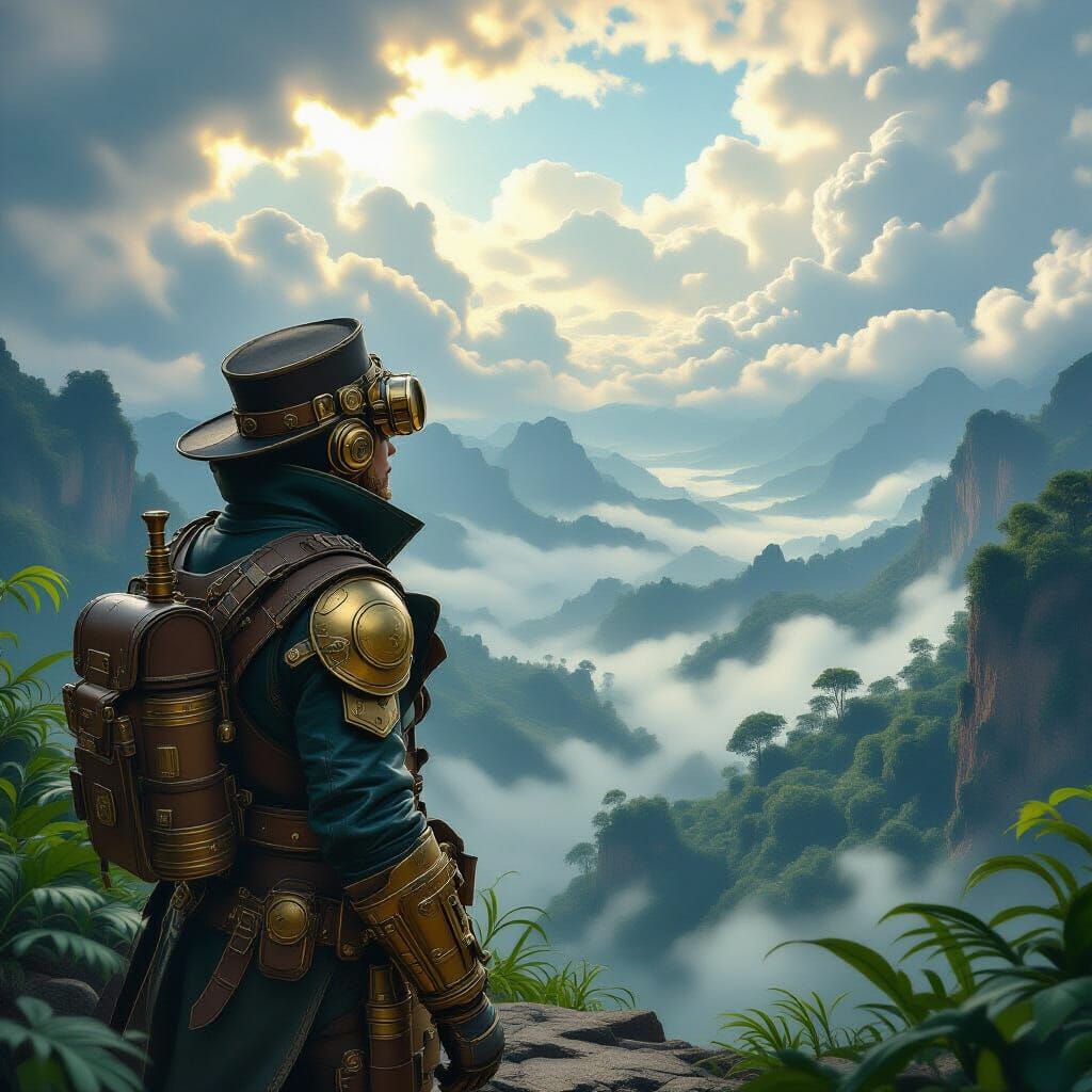 Steampunk Explorer at Jungle Precipice in Epic Concept Art S...