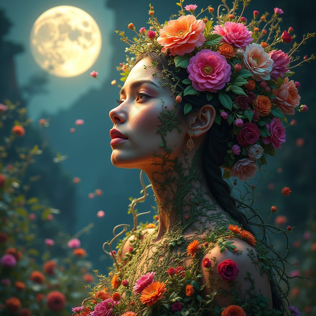 Surreal Goddess Born from Vibrant Blossoms in a Floral Parad...