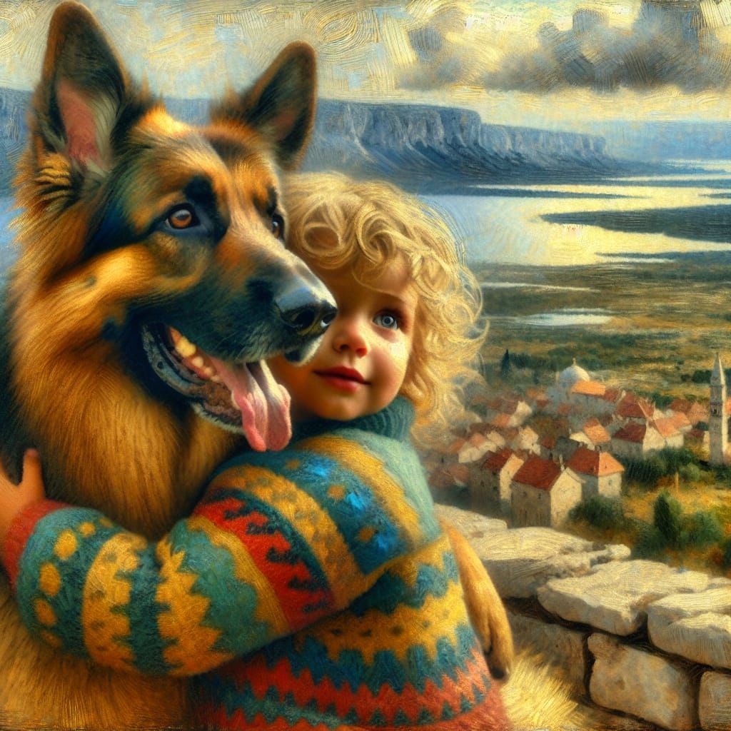 Charismatic German Shepherd in Warm Embrace, Set Against a D...