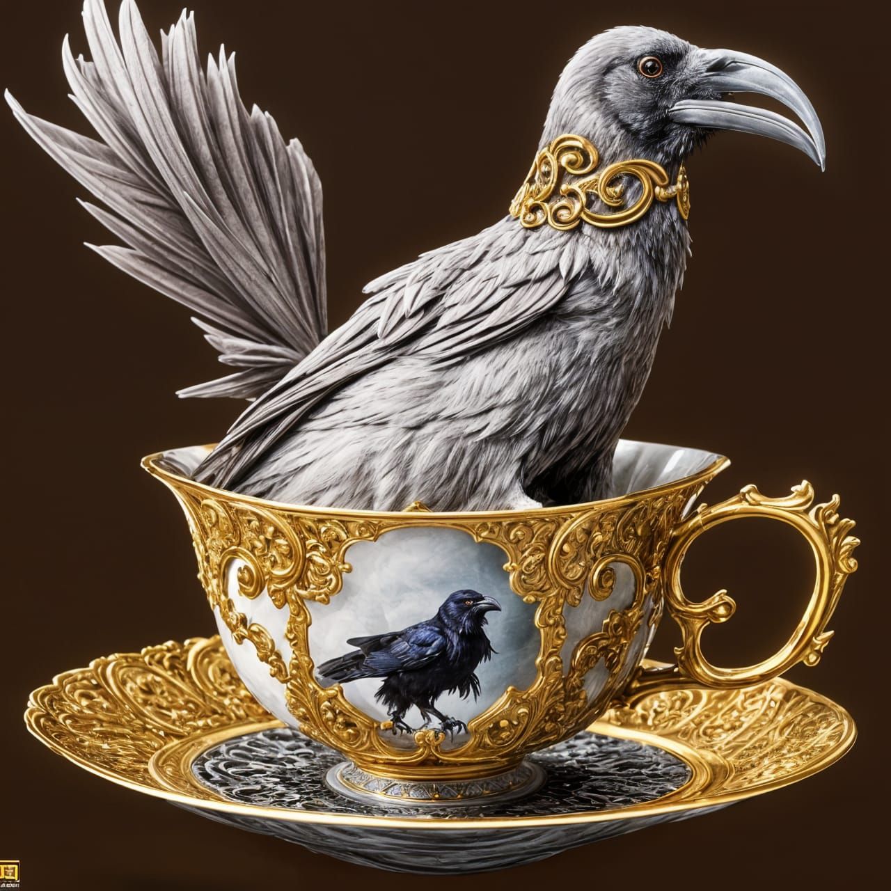 Raven in Ornate Teacup: Detailed Digital Art