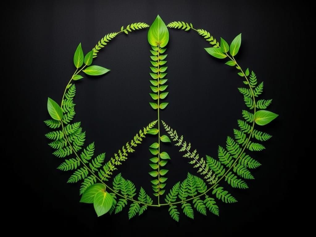 Fern and Leaf Peace Symbol on Black