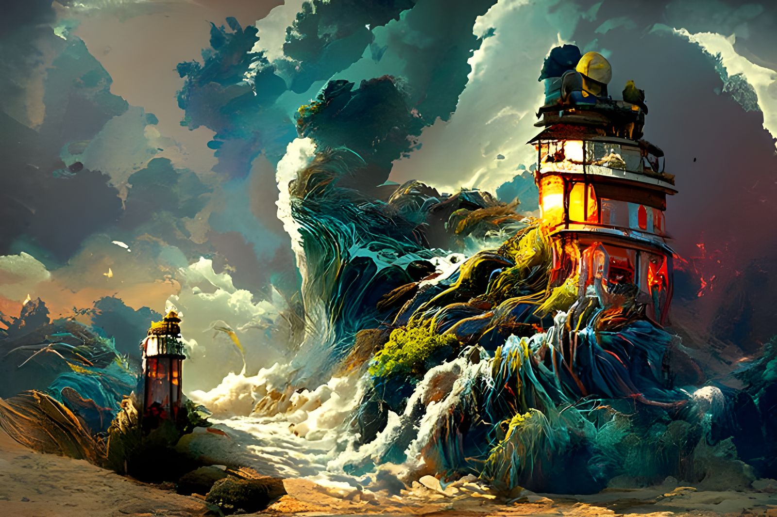 Waves Crashing into Lighthouse: Kinetic Pointillism Digital ...