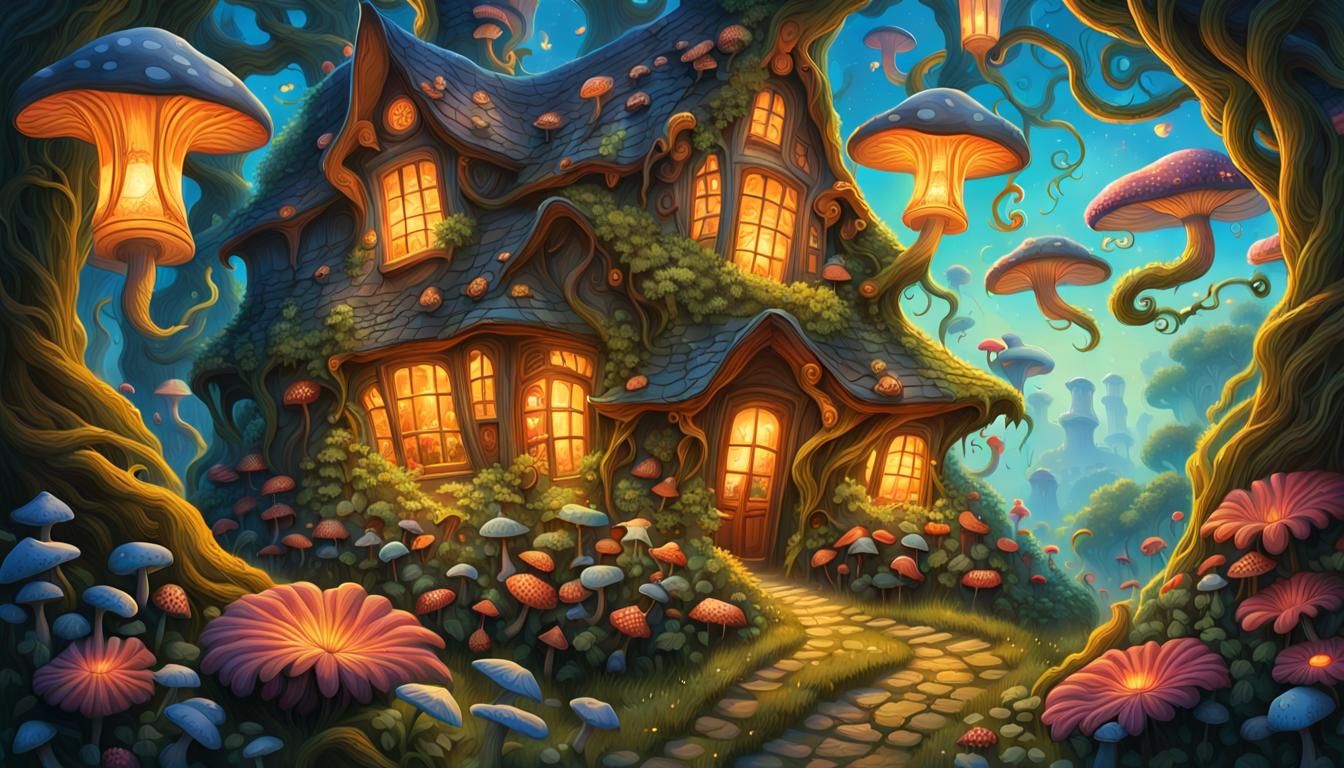 Surreal Flying Books in Dreamlike Cottage Scene