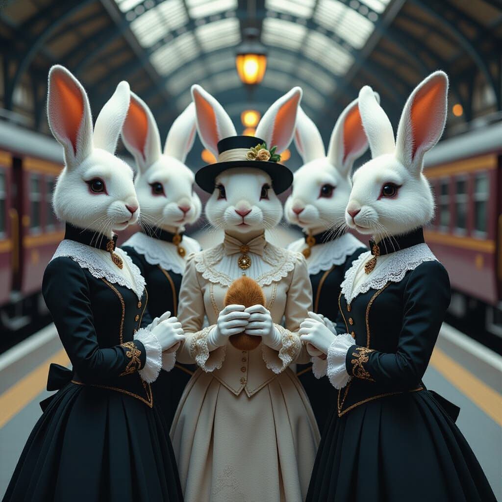 Victorian Rabbit-Women at Train Station in Dreamlike Style