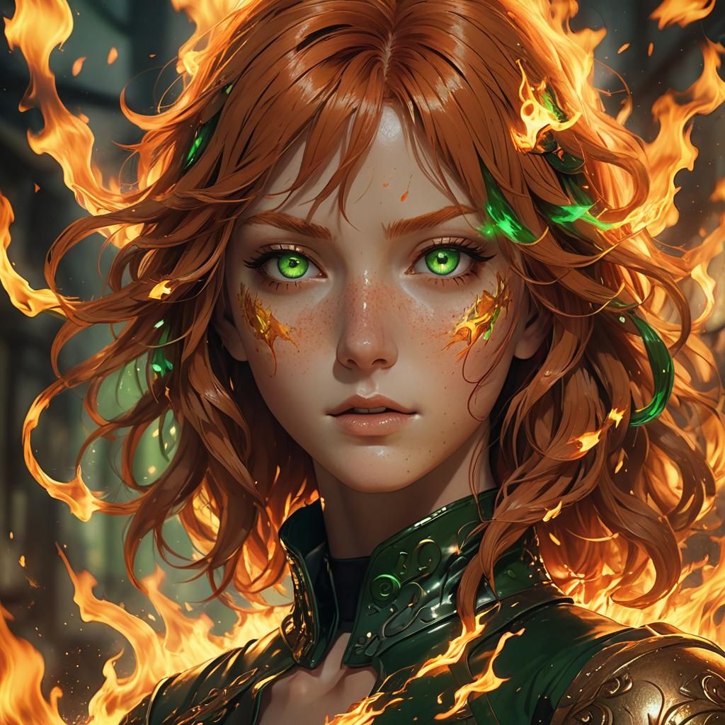 Fiery Anime Woman in 3D with Vibrant Colors