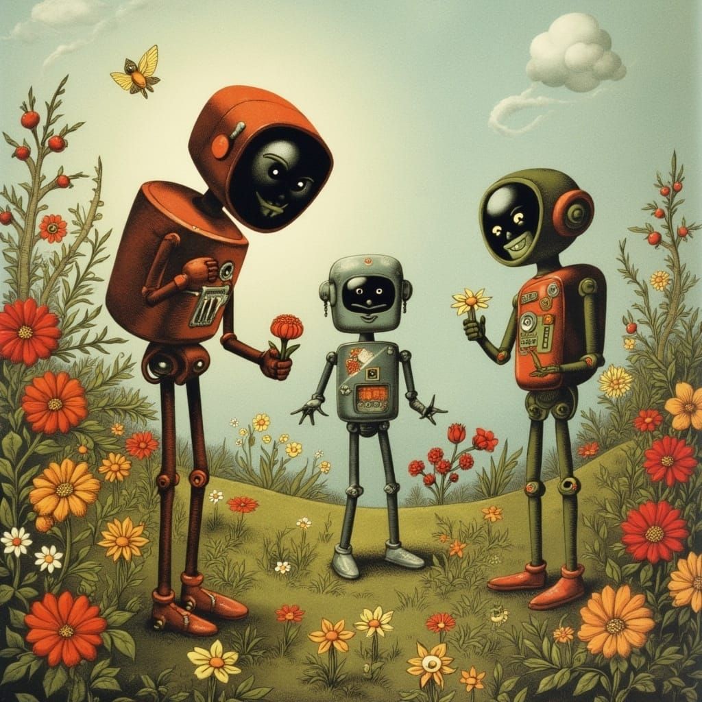 Cute Robots in a Flower Garden, Surreal Illustration