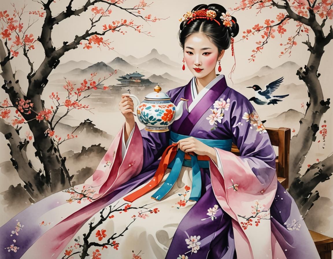 Elegant Korean Princess with Plum Blossom Teapot