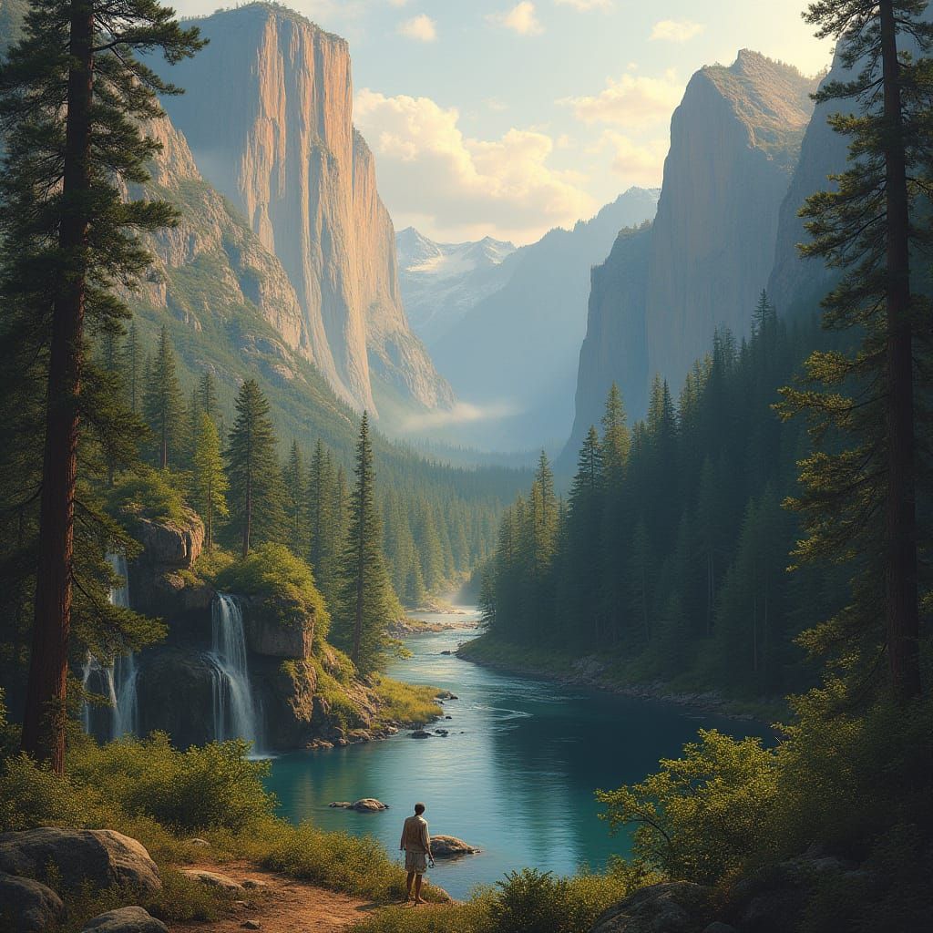 Golden Valley Landscape with Waterfalls and Mountains