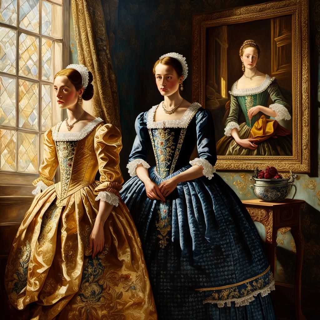 Ornate Baroque Painting of Two Ladies in Lavish Setting