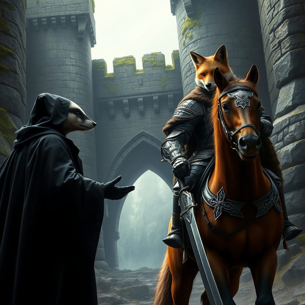 Dark-Robed Badger Priest Confronts Fox Knight in Ancient Cas...