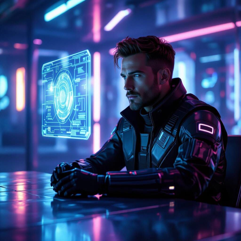 Man Contemplates Hologram in Neon Lit Cyberpunk Room