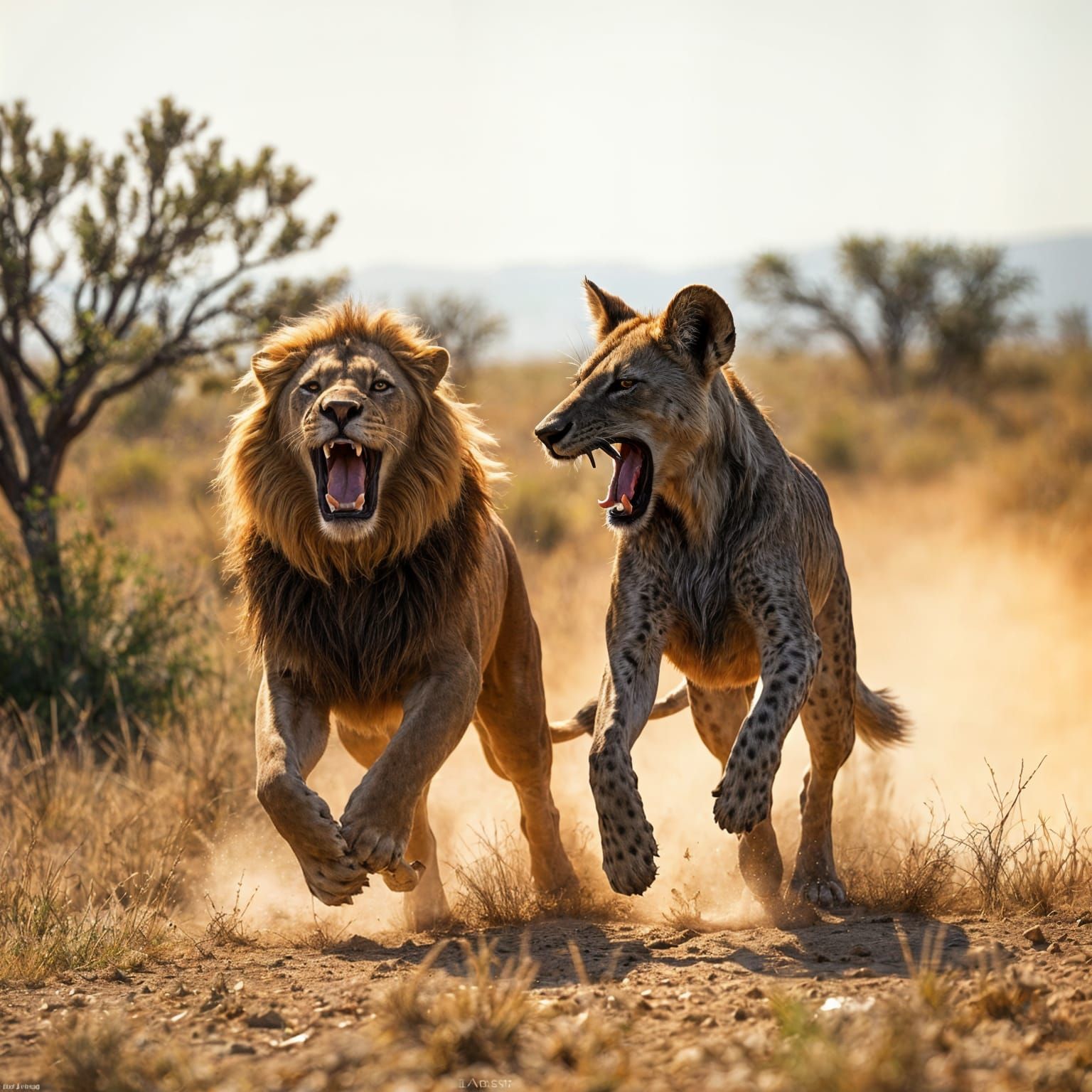 Lion and Hyena Friends in Savannah Sunset