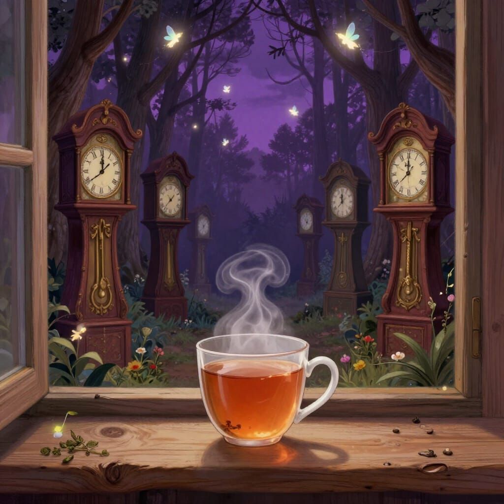 Steaming Tea in Mystical Forest with Clock Trees