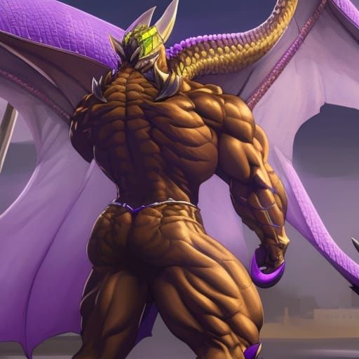 Anthropomorphic Dragon Bodybuilder at Night Market, Detailed...