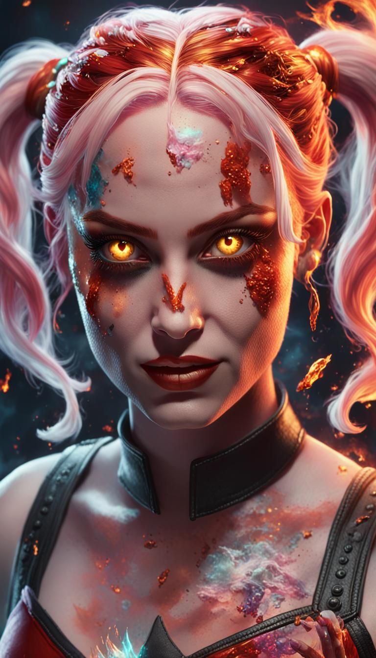 Harley Quinn with Fire Hair, Art Nouveau Portrait