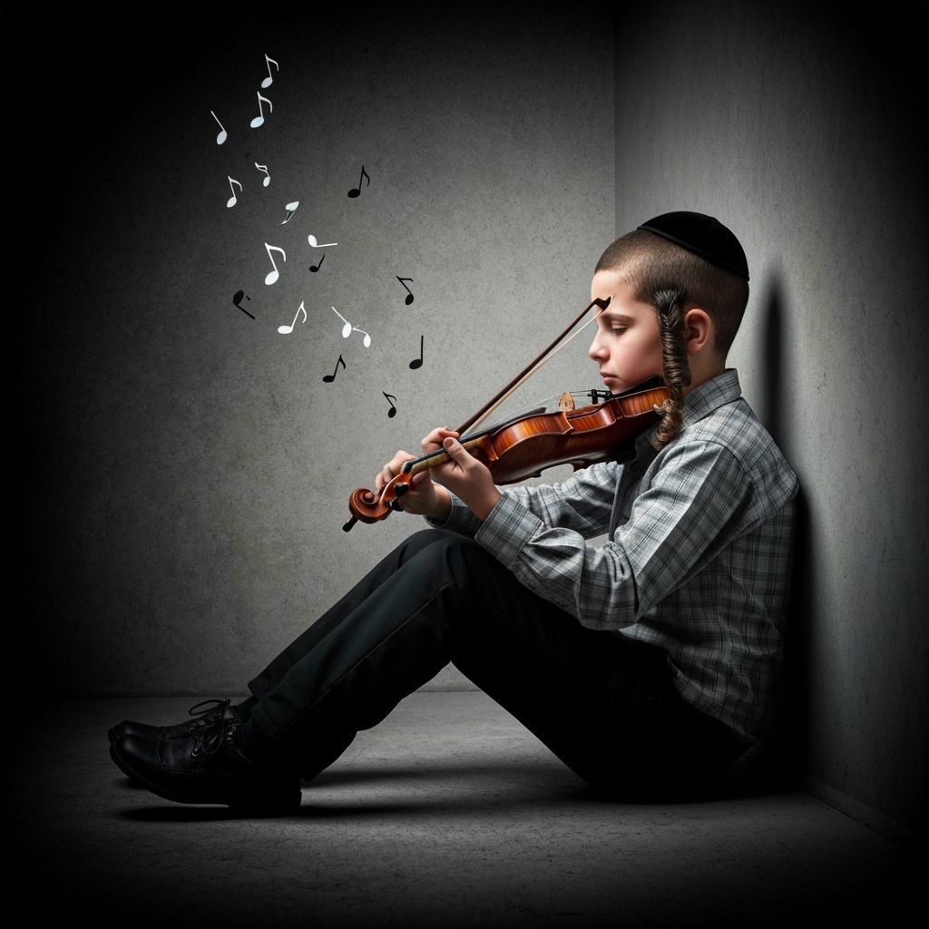 Hasidic Boy Plays Violin Amidst Graffiti Art