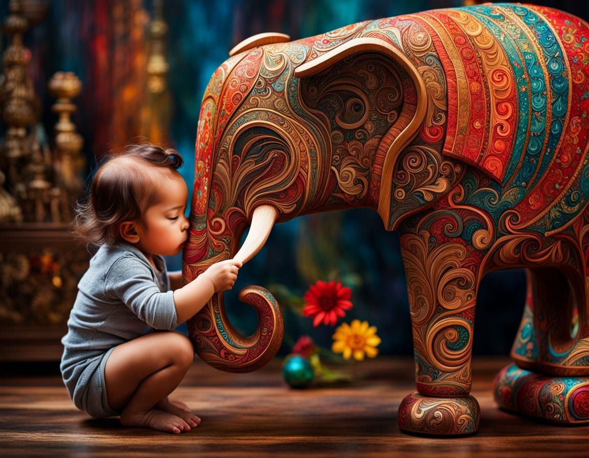 Child Plays with Elephant Toy in Acrylic Style