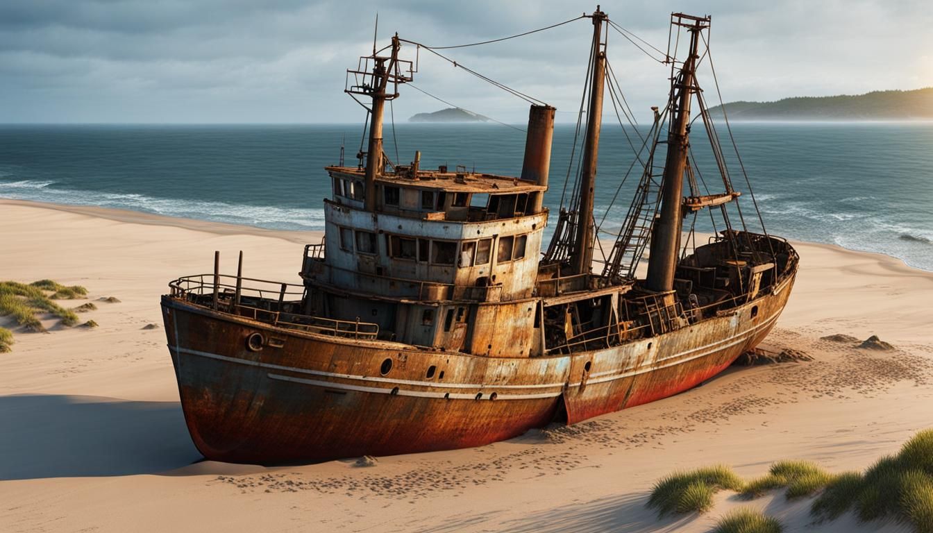 Realistic Image of Old Trawler on Beach