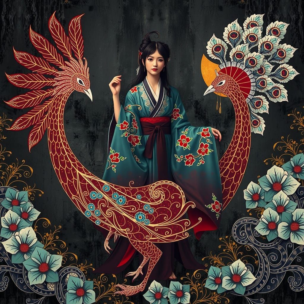 Mystical Peacock Dragon Woman in Traditional Kimono against....