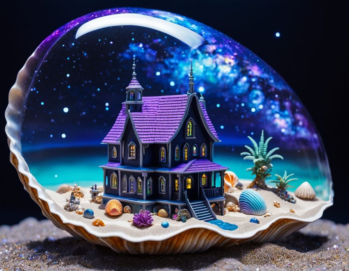 Surreal Seashell Gothic Dollhouse Amidst Cosmic Seascape
