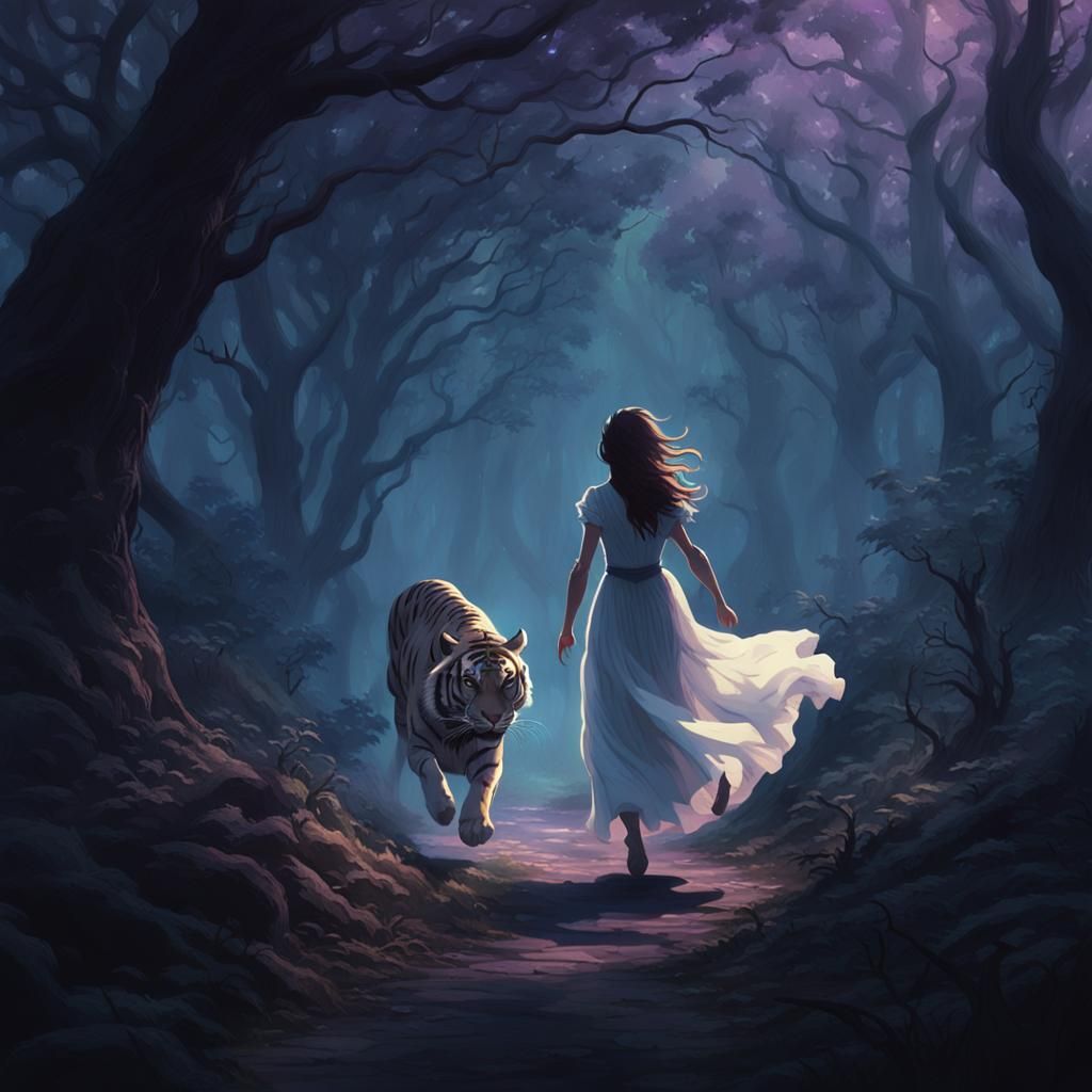 Girl Running from Tiger in Dark Fantasy Animation