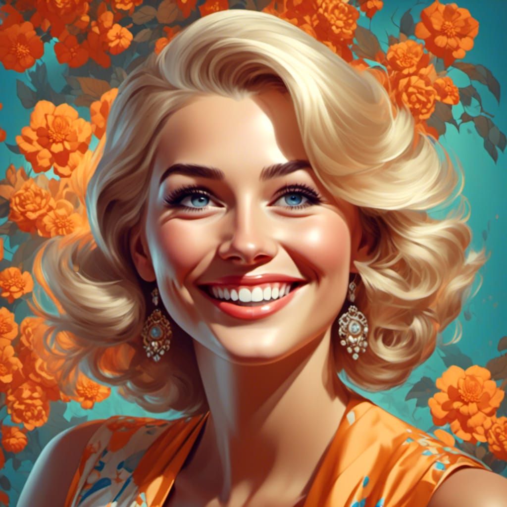 1960s Blonde Woman Portrait in Art Nouveau Style