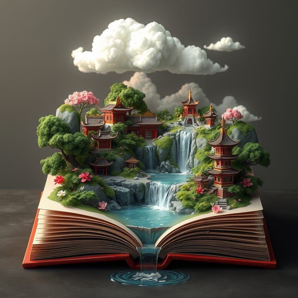 Surreal Oriental World Rises from Miniature Book Landscape