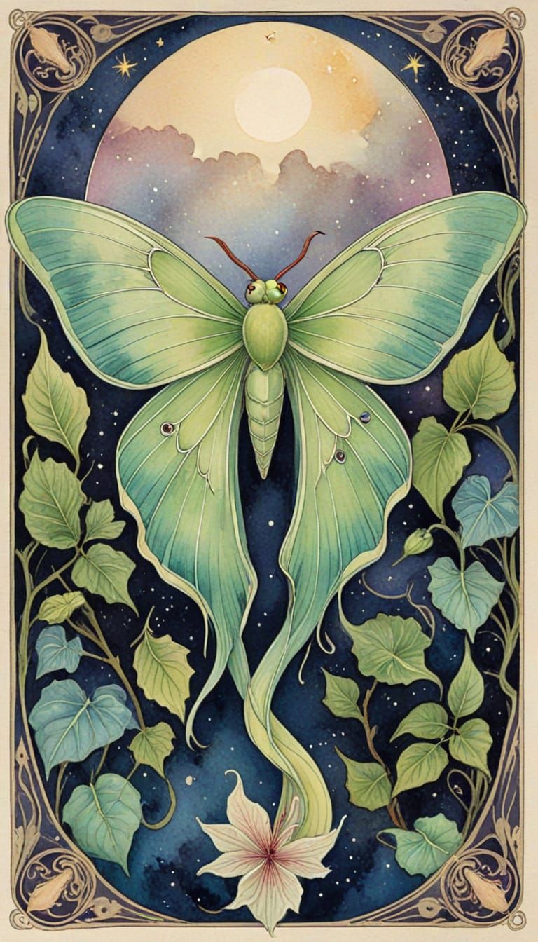 Whimsical Art Nouveau Tarot Card with Luna Moth in Vibrant W...