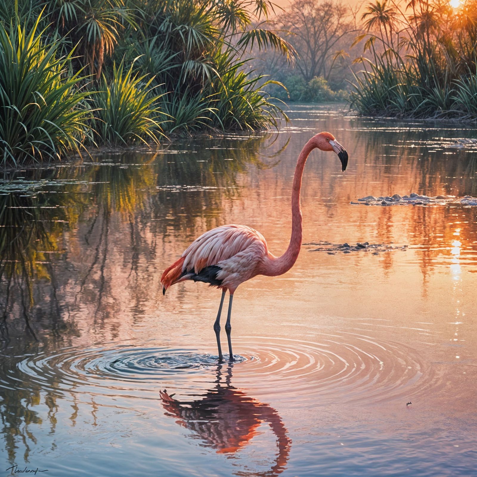 Pink Flamingo at Sunset