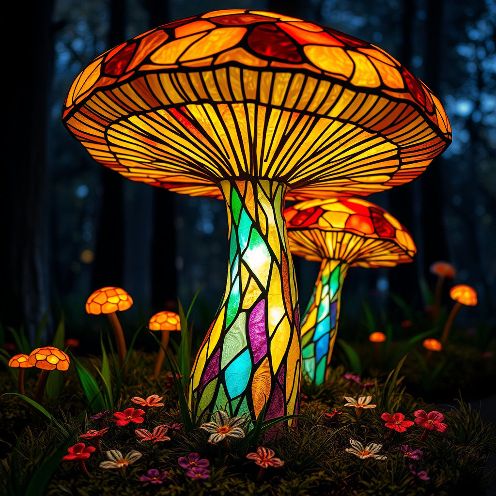 Stained Glass Mushroom Landscape in Hyperreal 3D