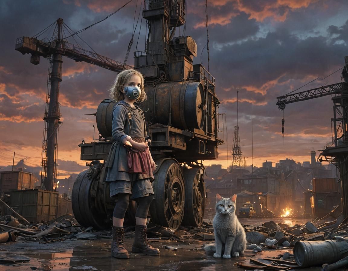 Dieselpunk Port Scene: Girl, Cat, and Crane