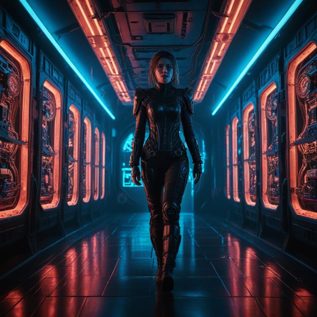 Cyberpunk Lady in Steampunk Spaceship Corridor