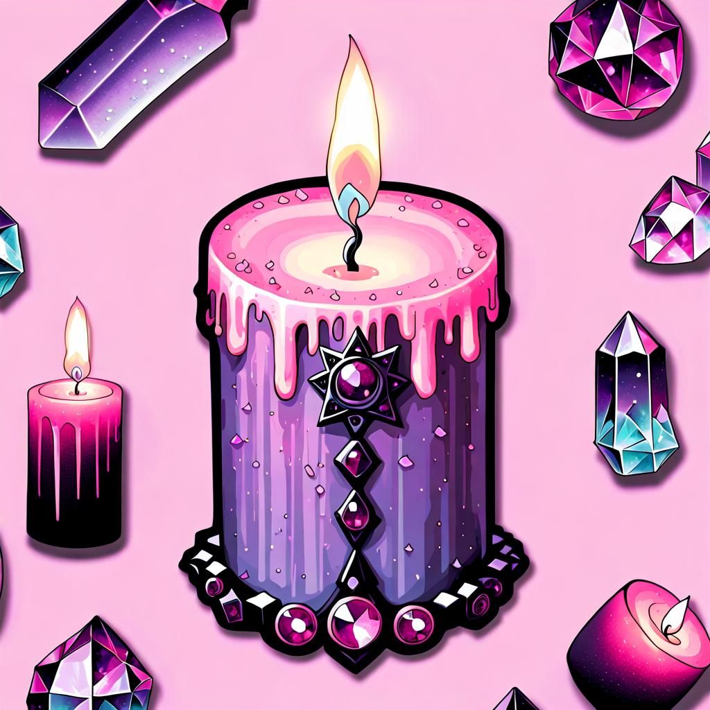 Pastel Goth Wicca Pink Candle Sticker with Crystals