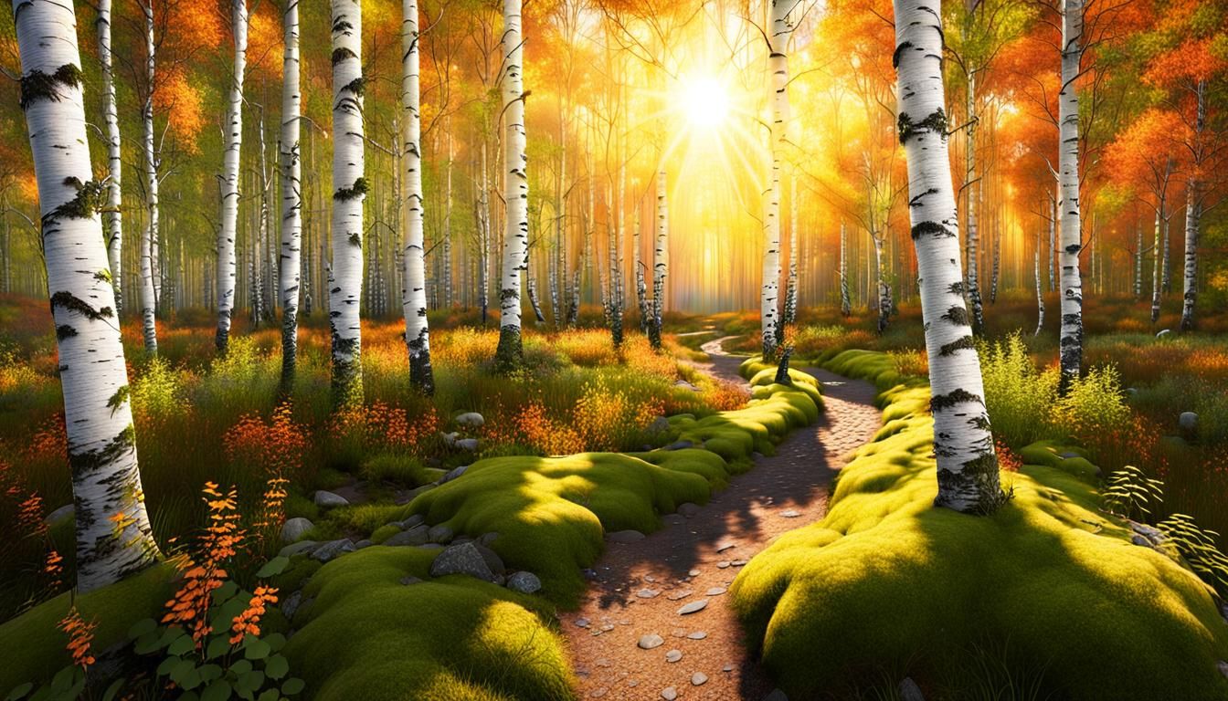 Birch Forest Path at Sunset in Matte Painting Style