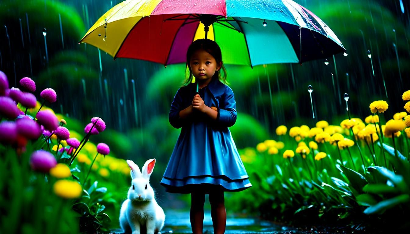 Girl and Bunny in Gentle Rain, Hyperrealistic Style