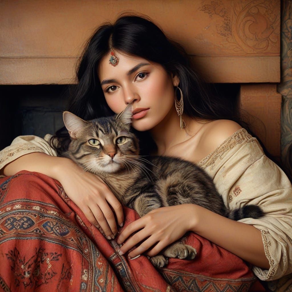 Wise Woman and Feline Friend